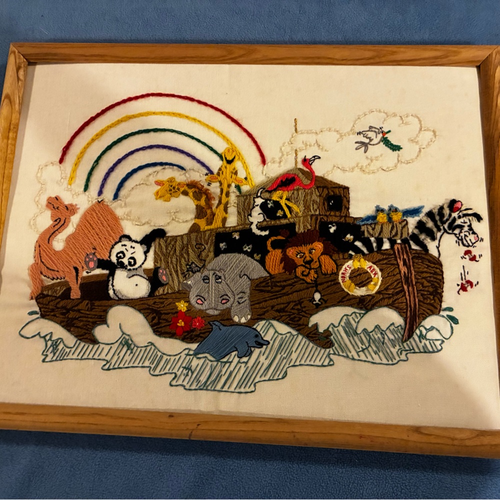 Handmade Embroidered Noah's Ark Wall Art - Colorful Animals & Rainbow